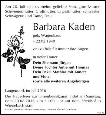 Traueranzeige von Barbara Kaden von Mitteldeutsche Zeitung Weißenfels