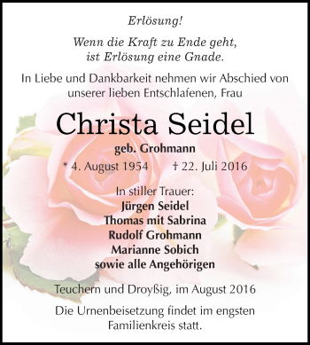 Traueranzeige von Christa Seidel von WVG - Wochenspiegel NMB / WSF / ZTZ