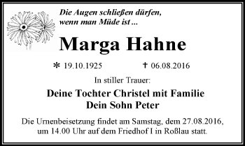 Traueranzeige von Marga Hahne von Mitteldeutsche Zeitung Dessau-Roßlau
