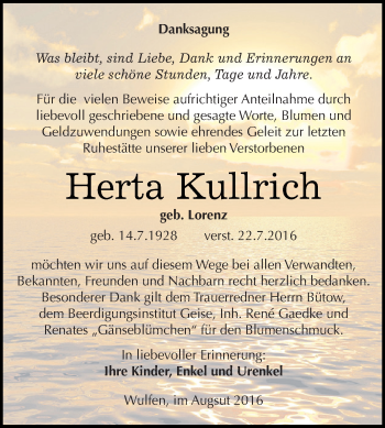 Traueranzeige von Herta Kullrich von WVG - Wochenspiegel Dessau / Köthen