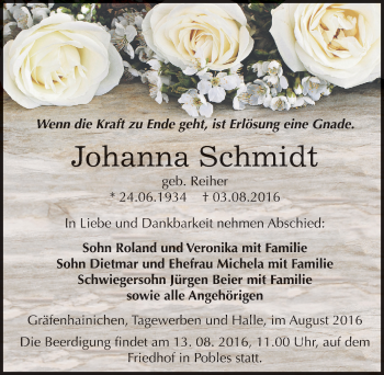 Traueranzeige von Johanna Schmidt von Mitteldeutsche Zeitung Weißenfels