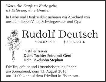 Traueranzeige von Rudolf Deutsch von WVG - Wochenspiegel Wittenberg