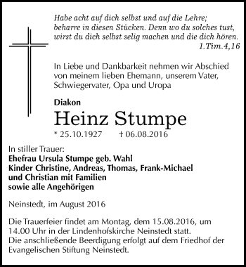 Traueranzeige von Heinz Stumpe von Mitteldeutsche Zeitung Quedlinburg