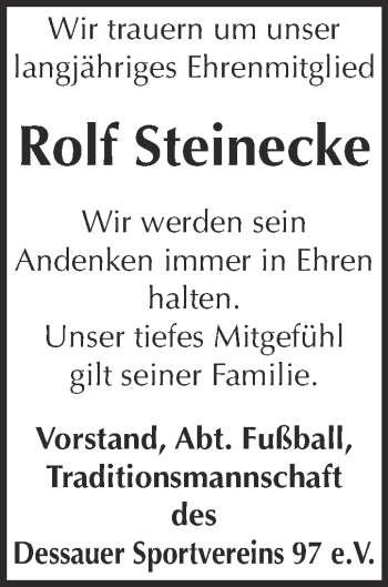 Traueranzeige von Rolf Steinecke von WVG - Wochenspiegel Dessau / Köthen