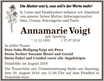 Traueranzeige von Annamarie Voigt von Super Sonntag SGH Mansf. Land