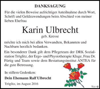 Traueranzeige von Karin Ulbrecht von Super Sonntag Zeitz