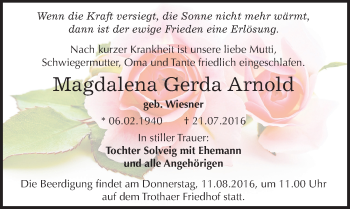 Traueranzeige von Magdalena Gerda Arnold von Mitteldeutsche Zeitung Halle/Saalkreis