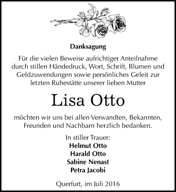 Traueranzeige von Lisa Otto von Mitteldeutsche Zeitung Merseburg/Querfurt