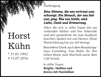Traueranzeige von Horst Kühn von Mitteldeutsche Zeitung Mansfelder Land