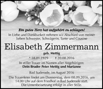 Traueranzeige von Elisabeth Zimmermann von Mitteldeutsche Zeitung Quedlinburg