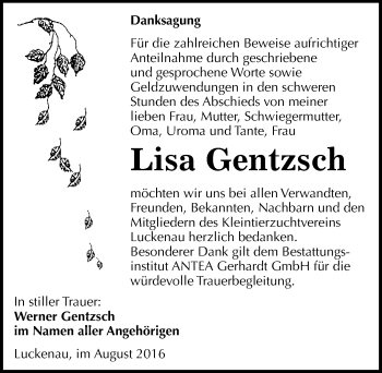 Traueranzeige von Lisa Gentzsch von Mitteldeutsche Zeitung Zeitz