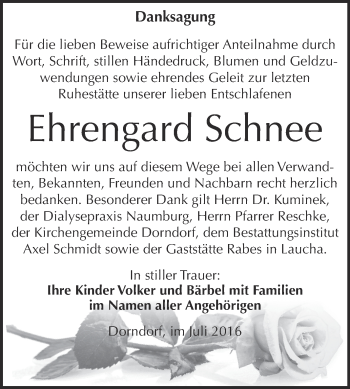 Traueranzeige von Ehrengard Schnee von WVG - Wochenspiegel NMB / WSF / ZTZ