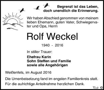 Traueranzeige von Rolf Weckel von Mitteldeutsche Zeitung Weißenfels