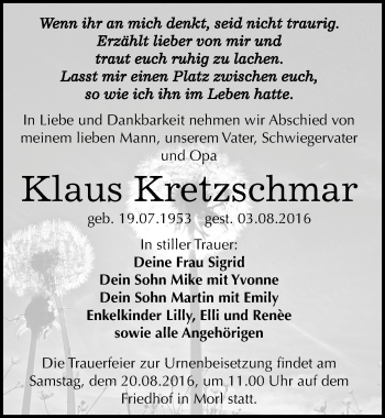 Traueranzeige von Klaus Kretzschmar von Mitteldeutsche Zeitung Halle/Saalkreis