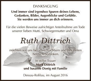 Traueranzeige von Ruth Dittrich von WVG - Wochenspiegel Dessau / Köthen