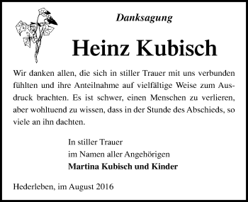 Traueranzeige von Heinz Kubisch von Mitteldeutsche Zeitung Quedlinburg