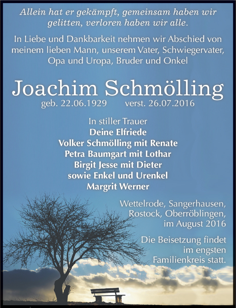  Traueranzeige für Joachim Schmölling vom 06.08.2016 aus Mitteldeutsche Zeitung Sangerhausen