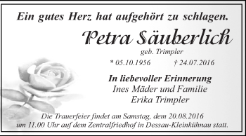 Traueranzeige von Petra Säuberlich von WVG - Wochenspiegel Dessau / Köthen