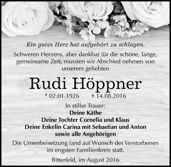 Traueranzeige von Rudi Höppner von Mitteldeutsche Zeitung Bitterfeld