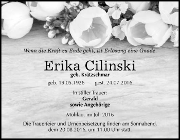 Traueranzeige von Erika Cilinski von WVG - Wochenspiegel Wittenberg