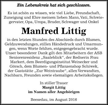 Traueranzeige von Manfred Littig von Mitteldeutsche Zeitung Bernburg