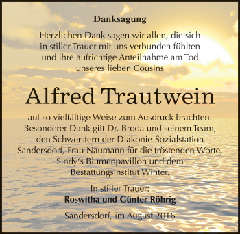 Traueranzeige von Alfred Trautwein von Mitteldeutsche Zeitung Bitterfeld
