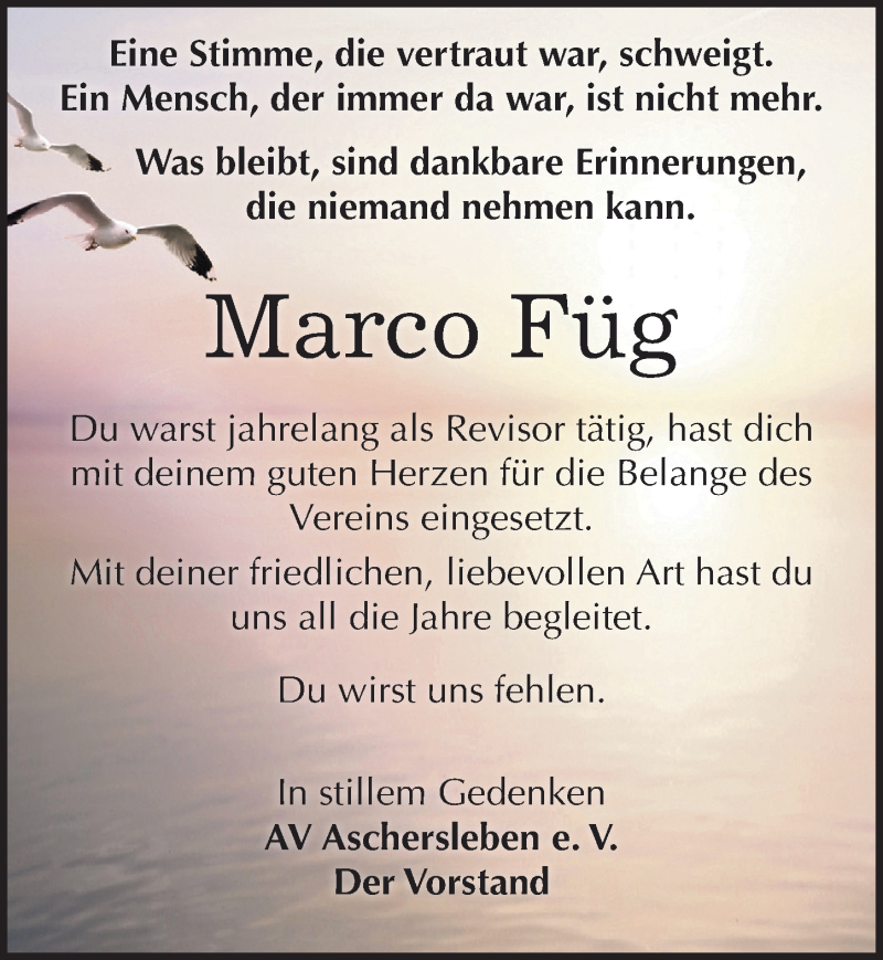  Traueranzeige für Marco Füg vom 10.08.2016 aus Mitteldeutsche Zeitung Aschersleben
