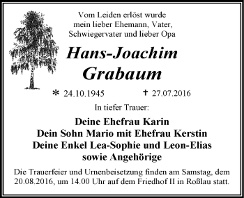 Traueranzeige von Hans-Joachim Grabaum von Mitteldeutsche Zeitung Dessau-Roßlau