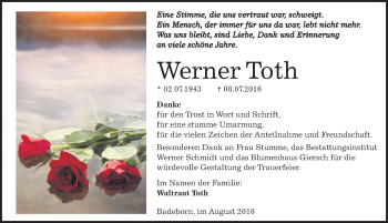 Traueranzeige von Werner Toth von Mitteldeutsche Zeitung Quedlinburg