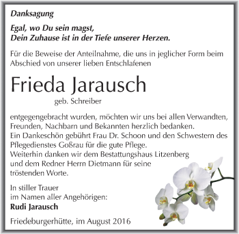 Traueranzeige von Frieda Jarausch von Mitteldeutsche Zeitung Mansfelder Land
