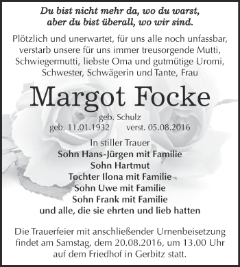 Traueranzeige von Margot Focke von Super Sonntag Bernburg