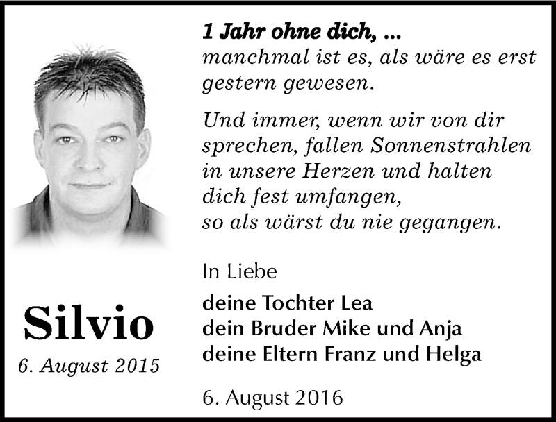  Traueranzeige für Silvio Bachmann vom 06.08.2016 aus Mitteldeutsche Zeitung Quedlinburg