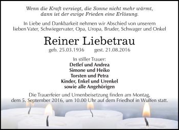 Traueranzeige von Reiner Liebetrau von WVG - Wochenspiegel Dessau / Köthen