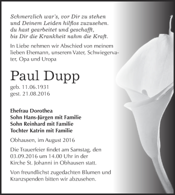 Traueranzeige von Paul Dupp von WVG - Wochenspiegel Merseburg