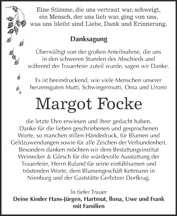 Traueranzeige von Margot Focke von Super Sonntag Bernburg