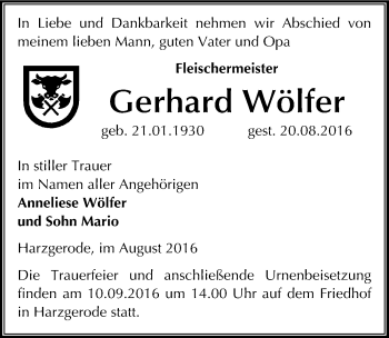 Traueranzeige von Gerhard Wölfer von Mitteldeutsche Zeitung Quedlinburg