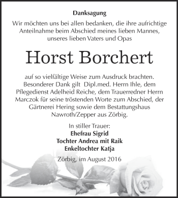 Traueranzeige von Horst Borchert von WVG - Wochenspiegel Bitterfeld