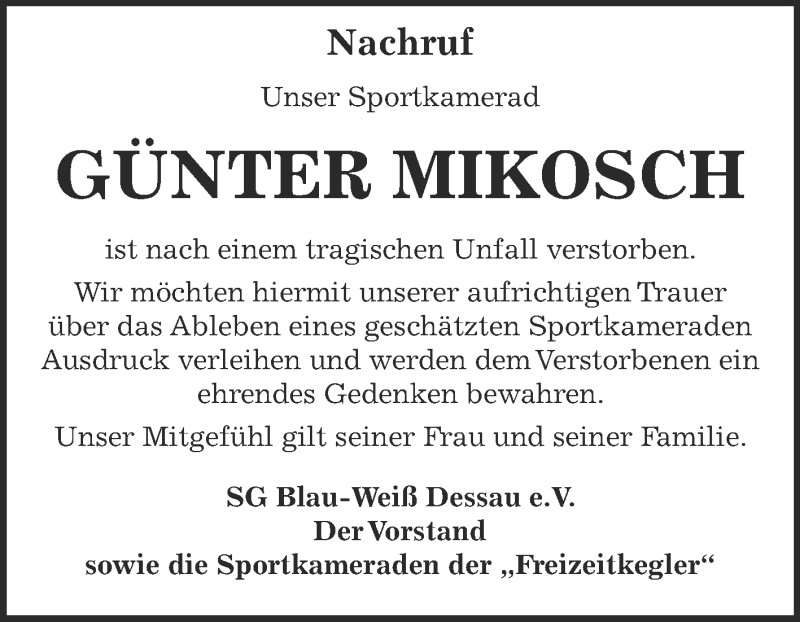  Traueranzeige für Günter Mikosch vom 27.08.2016 aus Super Sonntag Dessau / Köthen