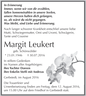 Traueranzeige von Margit Leukert von Wochenspiegel Mansfelder Land
