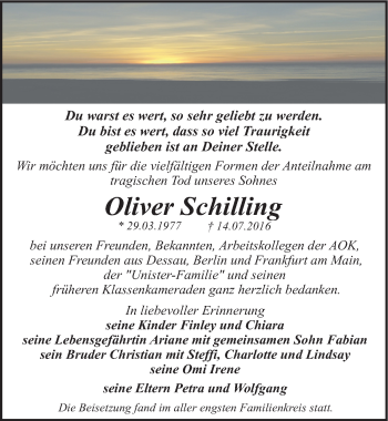 Traueranzeige von Oliver Schilling von Mitteldeutsche Zeitung Dessau-Roßlau