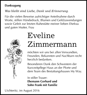 Traueranzeige von Eveline Zimmermann von Mitteldeutsche Zeitung Weißenfels