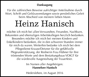 Traueranzeige von Heinz Hanisch von Mitteldeutsche Zeitung Mansfelder Land