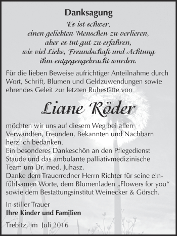 Traueranzeige von Liane Röder von Super Sonntag Bernburg
