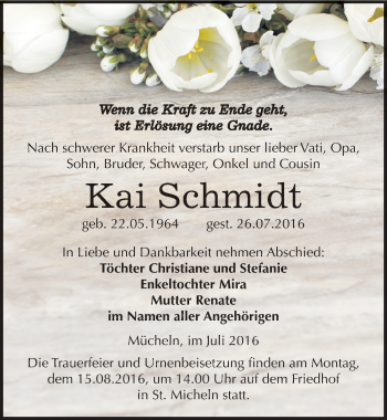 Traueranzeige von Kai Schmidt von Mitteldeutsche Zeitung Merseburg/Querfurt