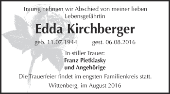 Traueranzeige von Edda Kirchberger von Super Sonntag Wittenberg