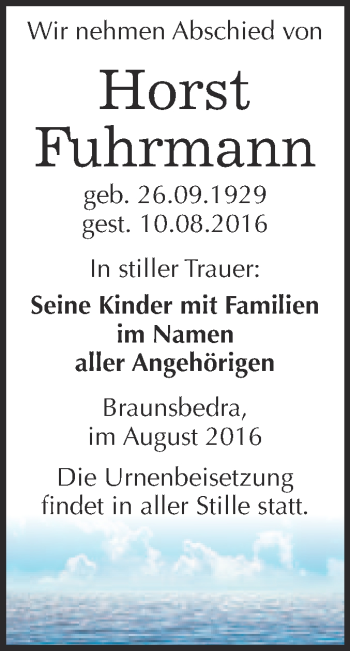 Traueranzeige von Horst Fuhrmann von WVG - Wochenspiegel Merseburg