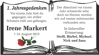Traueranzeige von Irene Markert von WVG - Wochenspiegel Dessau / Köthen