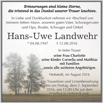 Traueranzeige von Hans-Uwe Landwehr von Wochenspiegel Mansfelder Land
