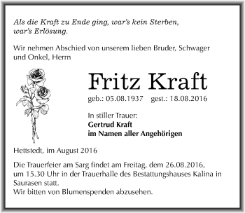 Traueranzeige von Fritz Kraft von Mitteldeutsche Zeitung Mansfelder Land