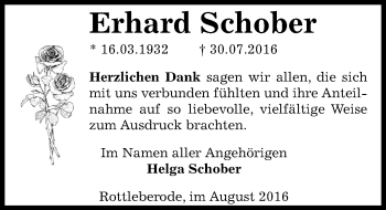Traueranzeige von Erhard Schober von Mitteldeutsche Zeitung Sangerhausen